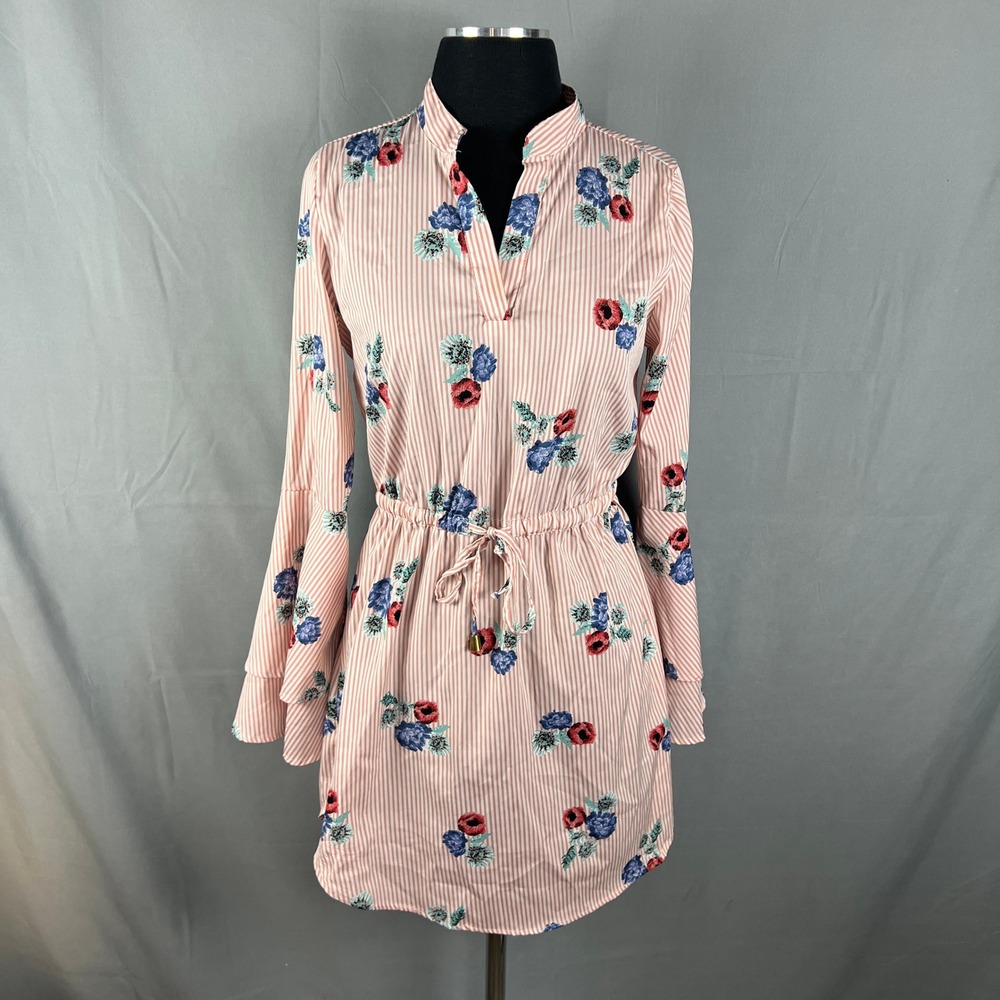 Hint Of Blush Mini Dress Womens Medium Multicolor Striped Floral Bell Sleeve